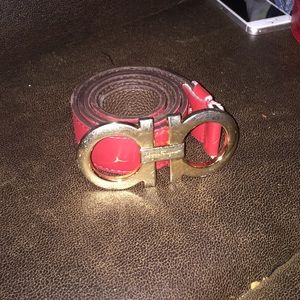 Burgundy Ferragamo Belt With Gold Buckle